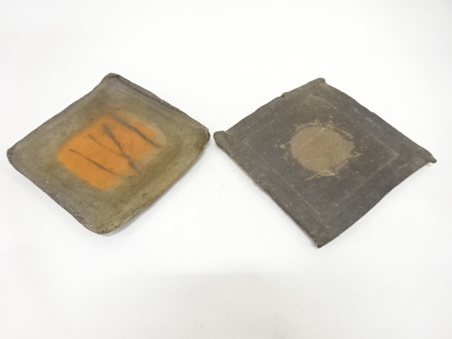  備前焼　鈴木黄弌造　四方皿　2客